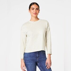 Spanx Cotton Striped Long Sleeve Crewneck Top size Medium White Green